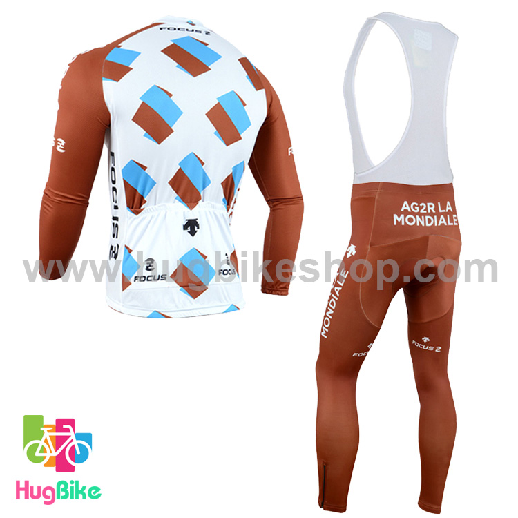 ชุดจักรยานแขนยาวทีม AG2RLA Mondiale 14 (01) สีขาวน้ำตาล กางเกงเอี๊ยม