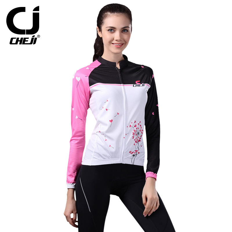 ชุดจักรยานผู้หญิงแขนยาวขายาว CheJi 14 (09) สีขาวดำชมพู