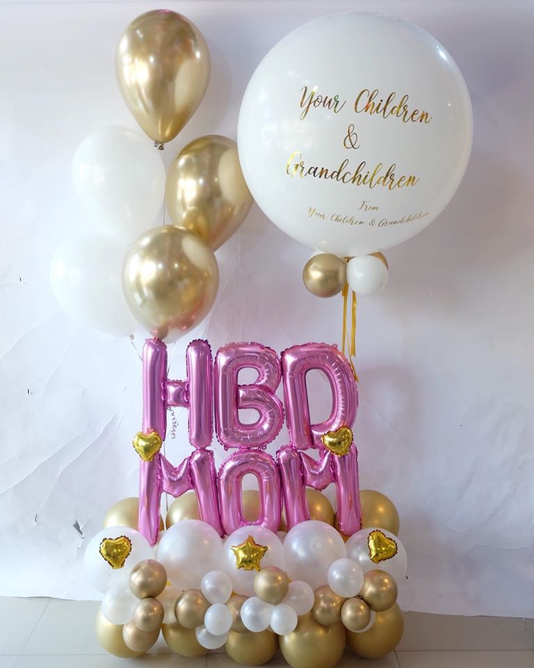 Happy Birthday 36-inch White & Gold+ 1 bunch + Set HBD / ลูกใหญ่ 36 นิ้ว 1 ลูก+ช่อ5ลูก(1ช่อ) + เซต HBD