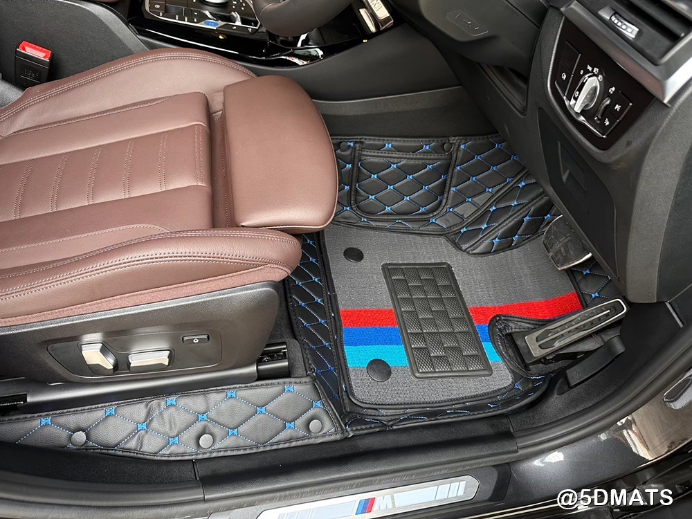 พรมปูพื้นรถยนต์ 7D BMW IX3 พรม7D บีเอ็มดับเบิลยู XPEแบบหนา เสริมใยดักฝุ่น สีดำด้ายฟ้า เข้ารูป เต็มคัน