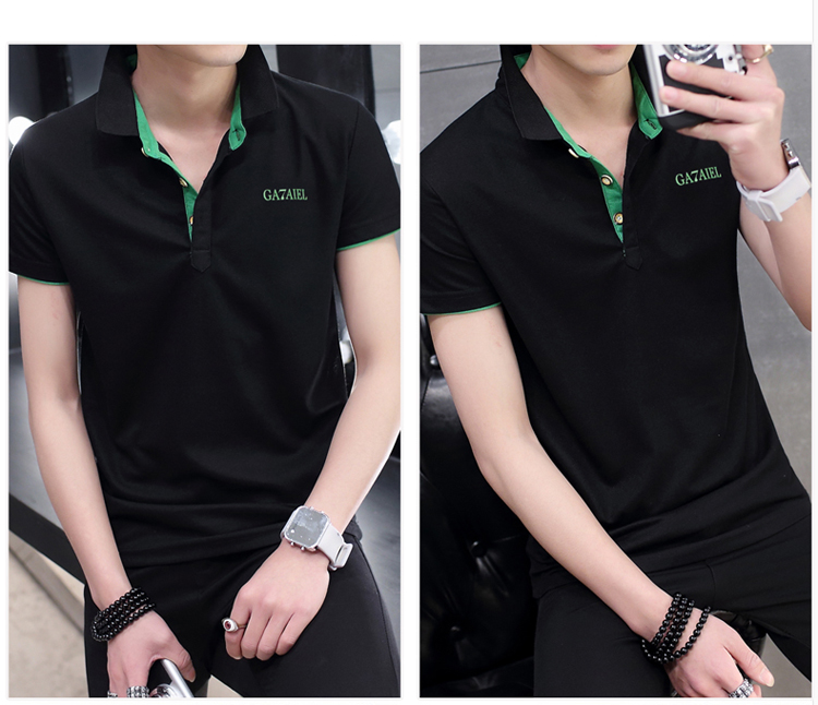 เสื้อโปโลชายเสื้อยืดสลิมหนุ่มปก (สีน้ำเงินเข้มสีส้มคอ)