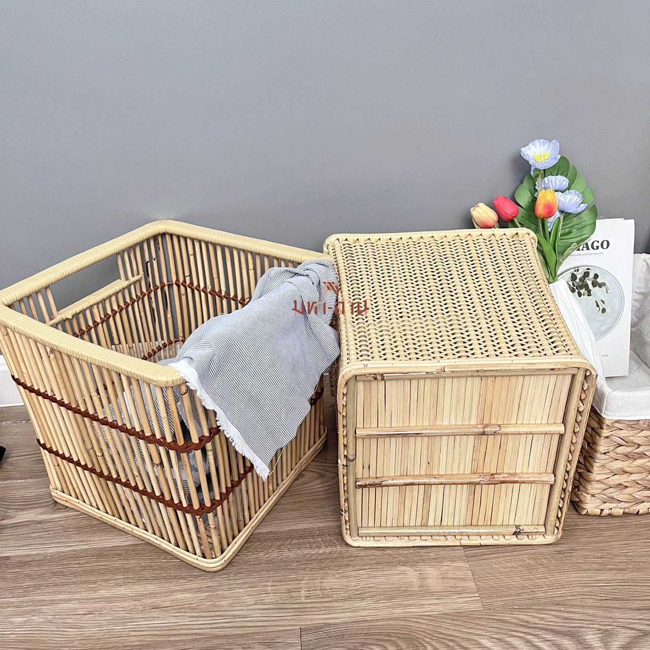 ตะกร้าหวาย ตะกร้าผ้าหูหิ้ว ตะกร้าสาน ตะกร้ามินิมอล🧺