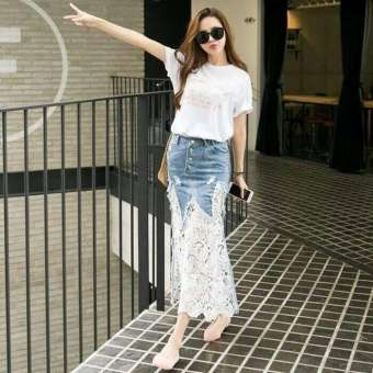 Fashionstory กระโปรงยีนส์ แต่งลูกไม้ ทรงหางปลา รุ่น 1051_สียีนต์เข้ม