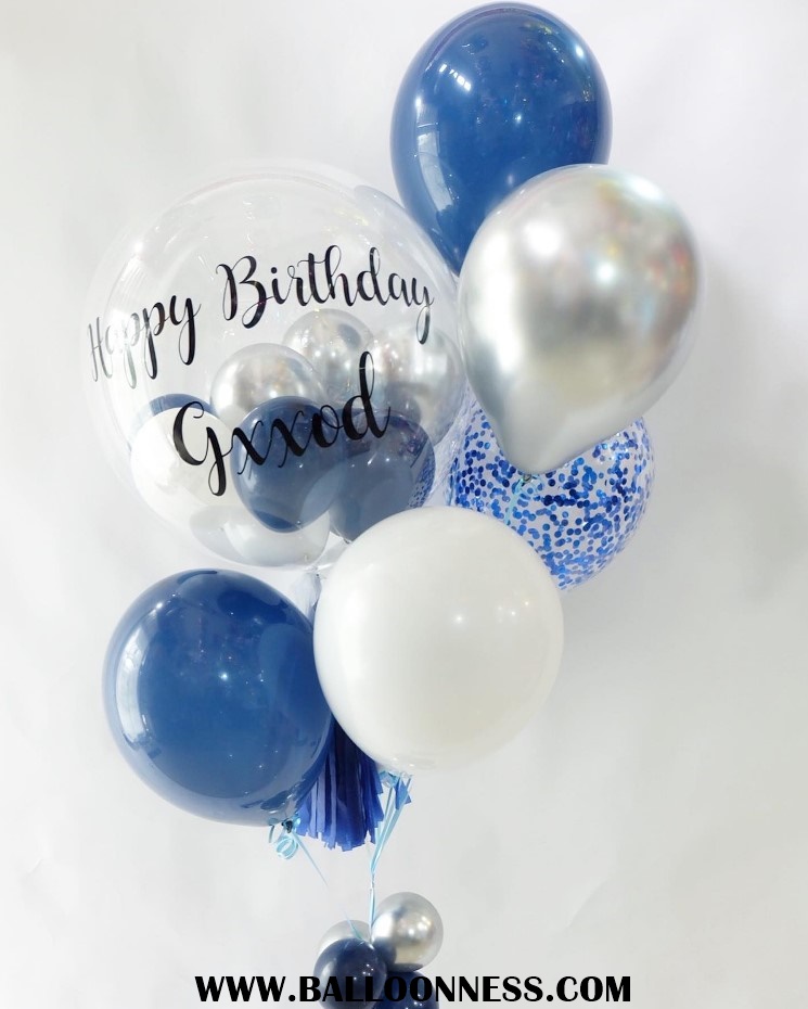 เซทวันเกิดจัดช่อรวม7ใบ โทนน้ำเงิน-เงิน / Set Birthday 1bunch Blue-Silver tone