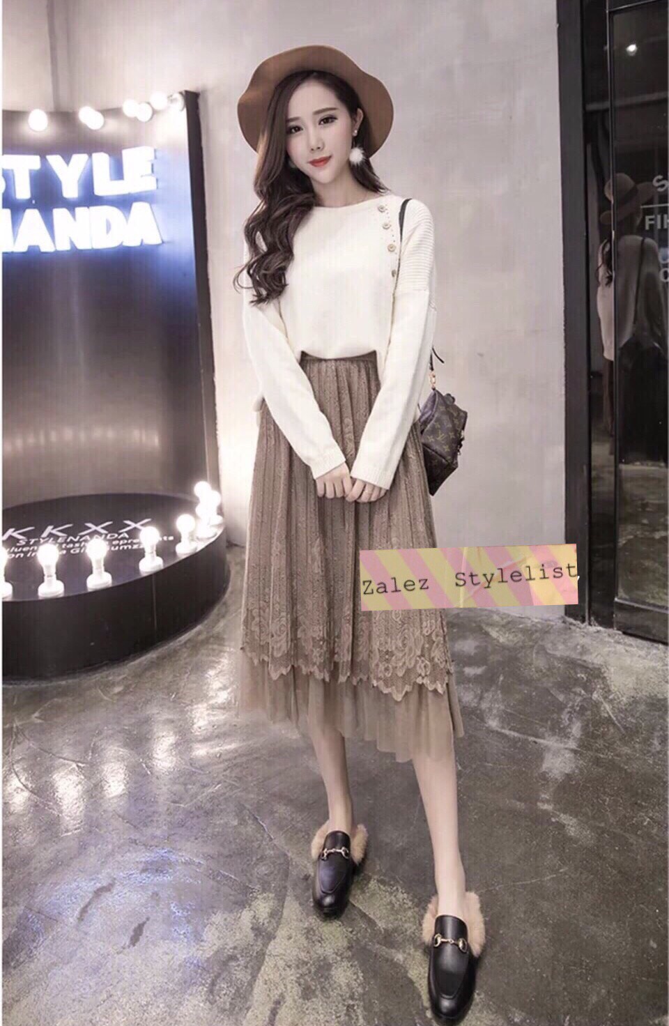 กระโปรงผ้าลูกไม้อัดพลีทืปลายมุ้ง เอวขอบสูง