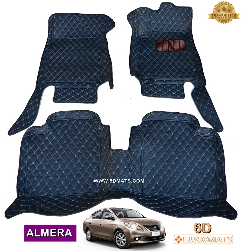 พรมปูพื้นรถยนต์6D NISSAN ALMERA รุ่น พรม6D สีดำด้ายฟ้า (3ชิ้น)