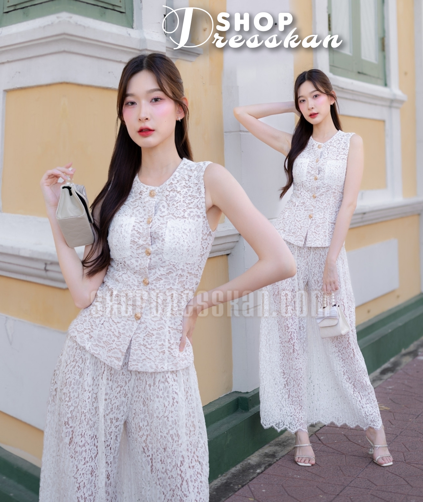 ❌หมดค่ะ❌ : ชุดเซ็ท2ชิ้นงานป้ายคุณภาพ⭐[ S-M-L-XL ] :: เซ็ท 2 ชิ้นผ้าลูกไม้เนื้อดี เสื้อแขนกุดกระดุมหน้า แมทซ์เข้ากับกางเกงขายาวทรงขาบานสวย ผ้าเนื้อดีสวมใส่สบาย ดีไซน์สวยเก๋ บุซับในอย่างดี