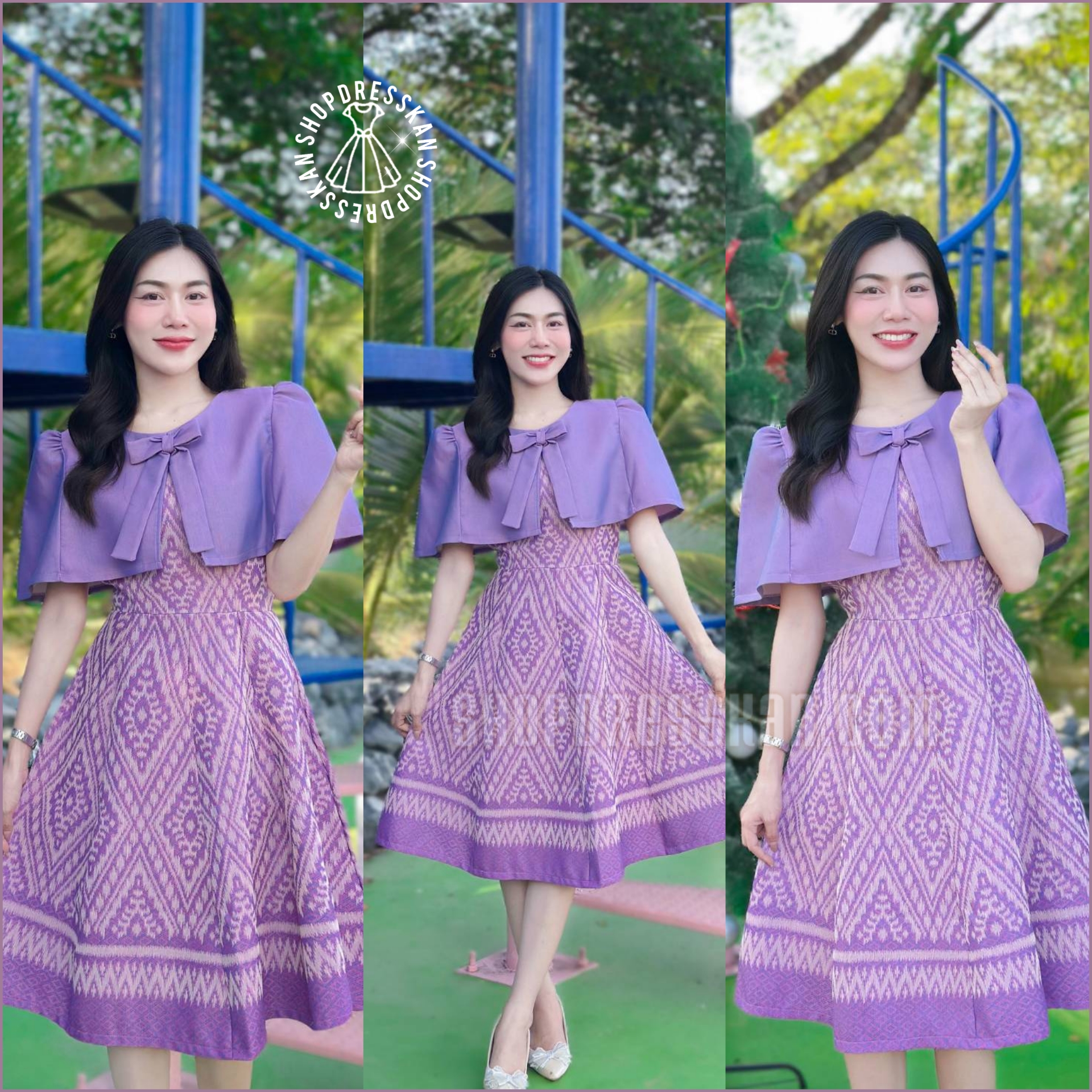 ❌หมดทุกไซส์ค่ะ❌ : [ XS-S-M-L-XL ] :: ชุดเดรสผ้ามัดหมี่ทอลายไทย ดีเทลแต่งคลุมระบายไหล่ กระโปรงทรงบาน8ชิ้น ซิปซ่อนหลัง งานอัดกาวทั้งชุด ใส่ทำงาน ใส่ออกงานสวยๆ