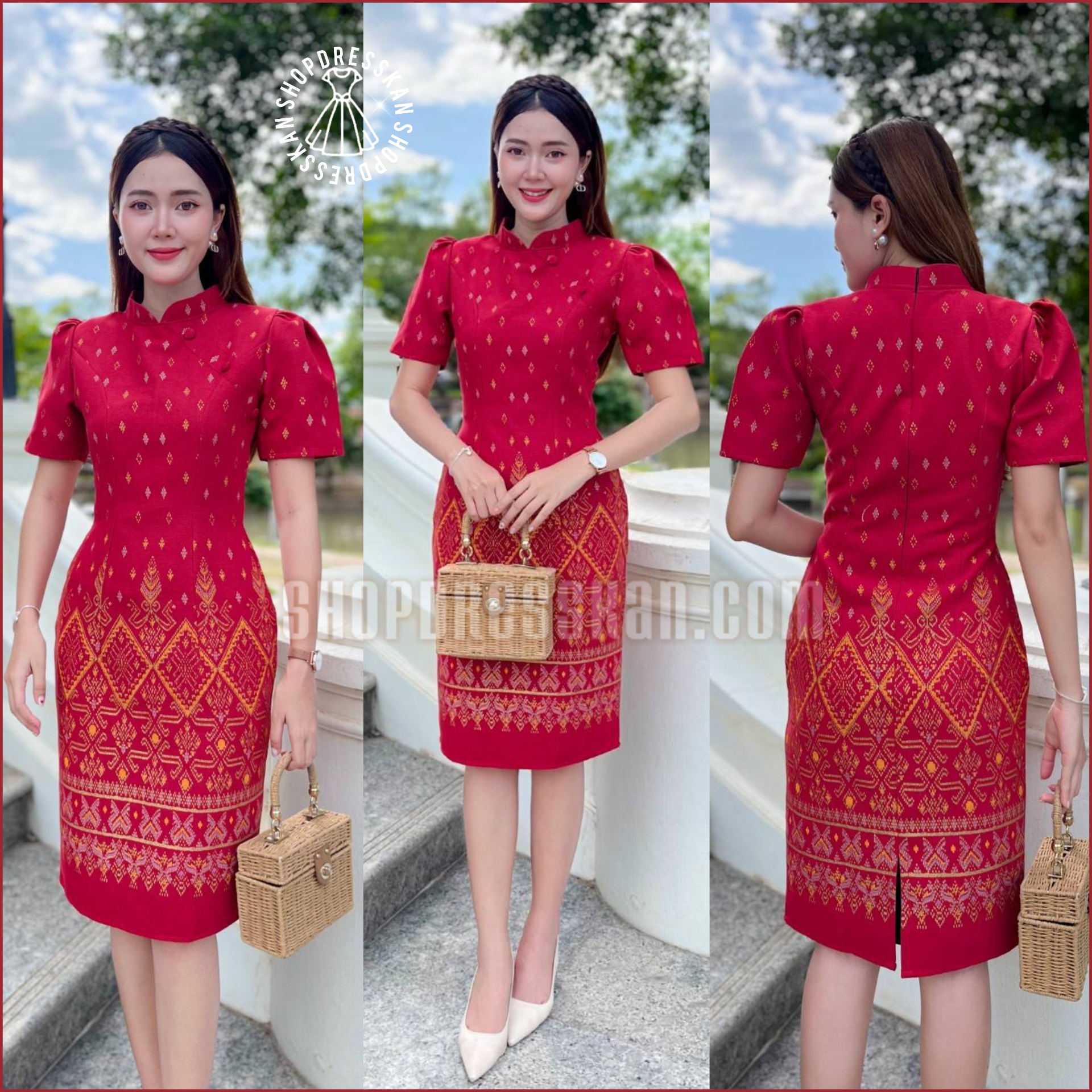 ✔️มีพร้อมส่ง : [ S-M-L-XL-2XL] :: ชุดเดรสผ้าฝ้ายพิมพ์ลายไทย ทรงคอจีนแต่งกระดุม ทรงสวย ตีเกร็ดหน้า-หลัง ซิปซ่อนหลัง งานอัดกาวทั้งชุด ใส่ทำงาน ใส่ออกงานสวยๆ