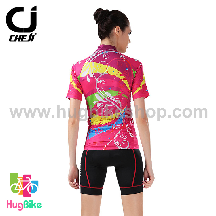 ชุดจักรยานผู้หญิงแขนสั้นขาสั้น CheJi 15 (06) สีชมพูลายเหลือง