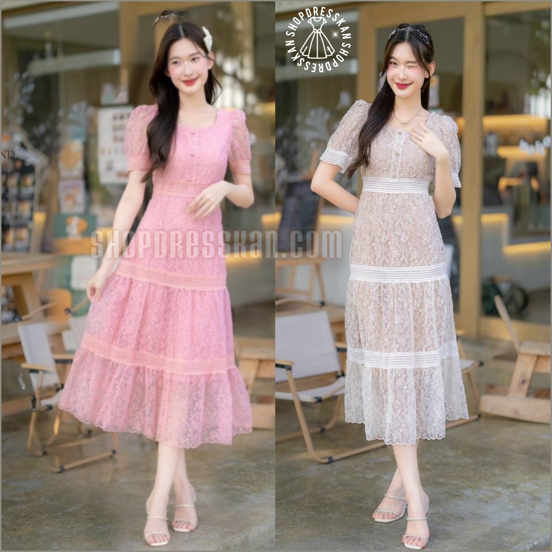 ❌หมดทุกสึทุกไซส์ค่ะ❌ :: ชุดเดรสแฟชั่นยาวงานป้ายคุณภาพ⭐[ S-M-L-XL:2XL ] :: ชุดเดรสยาวผ้าลูกไม้เกรดดี คอเหลี่ยมแต่งกระดุม กระโปรงทรงพริ้วสวย ซิปซ่อนหลัง บุซับใน ใส่ออกงานสวยๆ