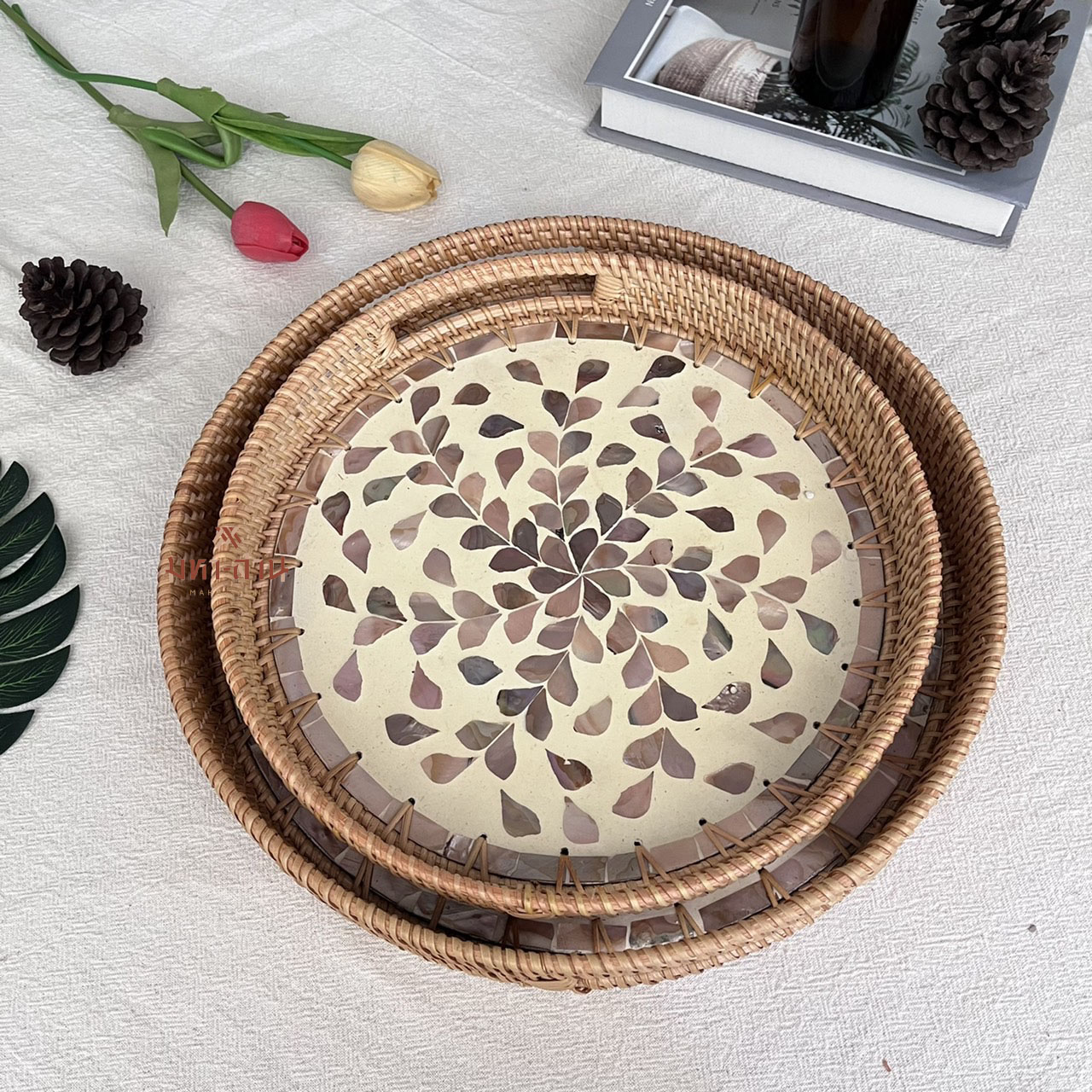 ถาดหวายแต่งโมเสก ถาดสปา ถาดใส่อาหาร พร็อพถ่ายรูป Rattanly Mosaic Tray🌷