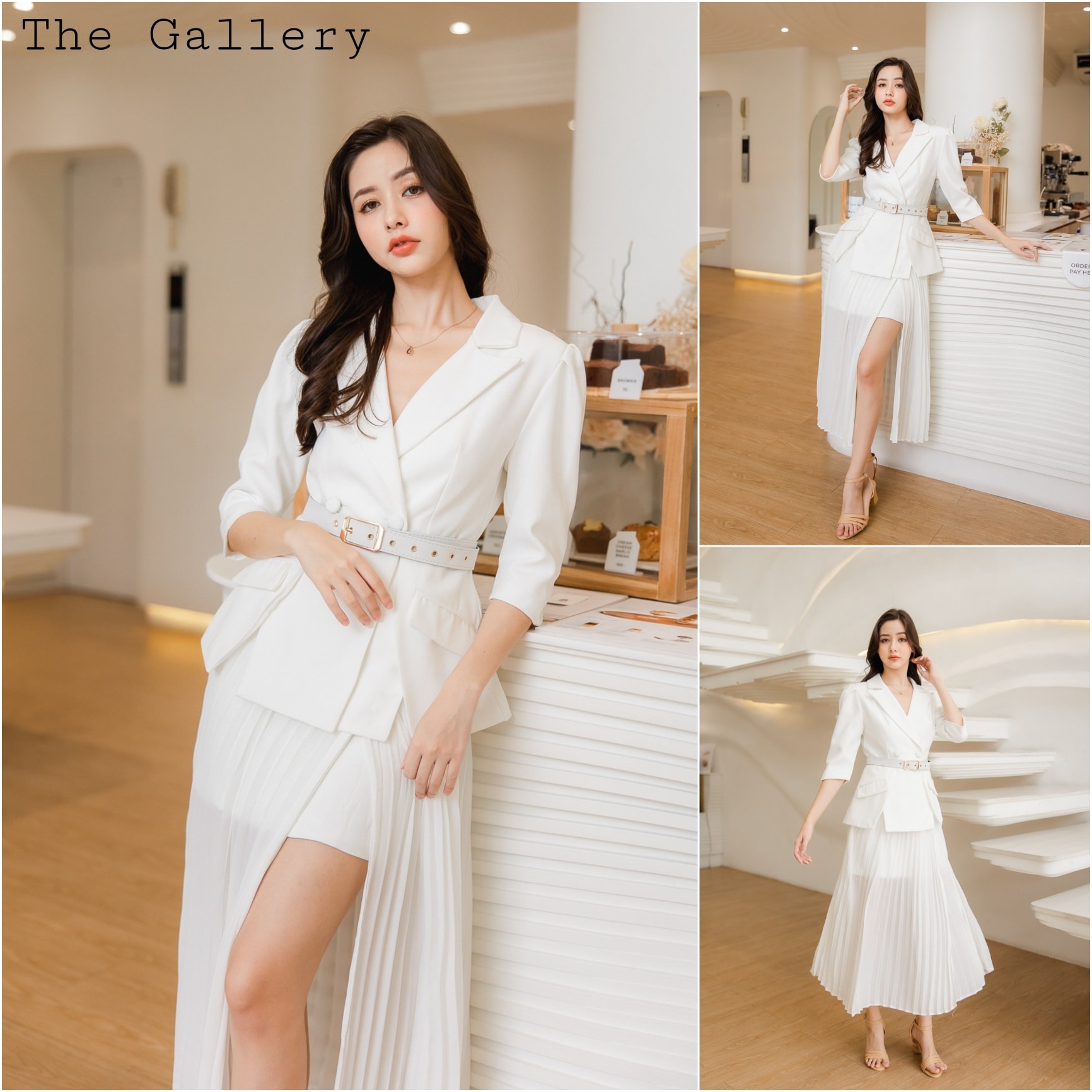 ชุดเซ็ตเสื้อสูทและกระโปรงอัดพลีตพร้อมเข็มขัดในตัว จะออกงานหรือจะแมตซ์ชุดไปทำงาน /ไปเที่ยวต่างประเทศก็ครีเอตลุคสวย