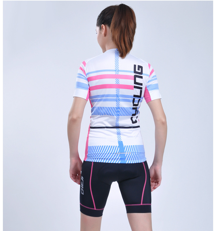 ชุดจักรยานผู้หญิงแขนสั้นขาสั้น CheJi 15 (03) สีขาวลายฟ้าชมพู