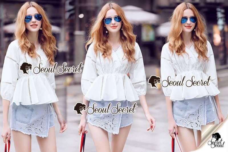 ชุดเซ็ทเสื้อ+กางเกง+ดีเทลงานปักและฉลุ