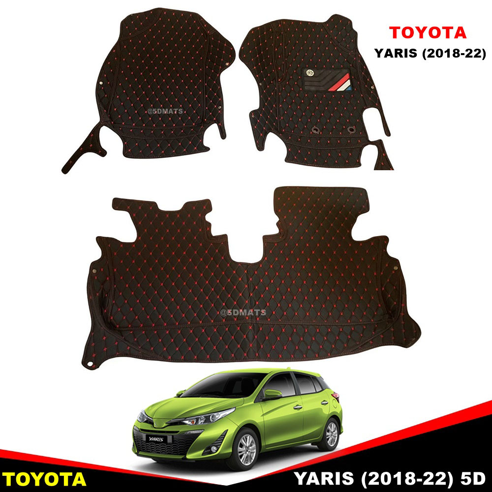 พรมปูพื้นรถยนต์6D TOYOTA YARIS (2018-22) 5ประตู พรม6D โตโยต้า ยารีส สีดำด้ายแดง เข้ารูป เต็มคัน 3ชิ้น