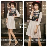 เดรสเซิ๊ตผ้าสบันคอปกทรงพีท + มาพร้อม กั๊กลายนกฮูก