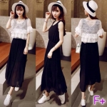 เซ็ตเดรสกล้ามตัวยาวผ้าชีฟองเนื้อดี พร้อมเสื้อตัวสั้นผ้าลูกไม้ซีทรู