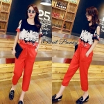 Set 2 ชิ้น เสื้อเว้าไหล่ ผ้าชีฟอง สกรีนลายใบไม้ + กางเกงขา 5 ส่วน