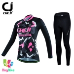 ชุดจักรยานผู้หญิงแขนยาวขายาว CheJi 16 (20) สีดำลายพรางชมพู ผ้าขนแกะ