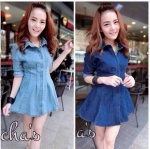 เดรสผ้ายีนต์คอปกจีบหน้า