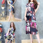 เดรสทรงยาวแขนสั้นคอปก กระดุมหน้า ลายหน้าคน