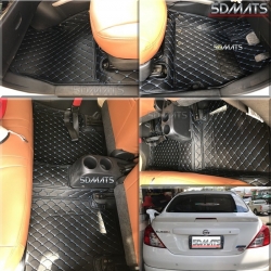 พรมปูพื้นรถยนต์ 6D หนาพิเศษ NISSAN ALMERA หนังสีดำด้ายฟ้า +แผ่นปูท้าย 4ชิ้น