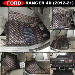 พรมปูพื้นรถยนต์ 6D FORD RANGER 4ประตู สีดำด้ายแดง หนานุ่ม เต็มคัน 3ชิ้น