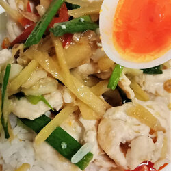 ข้าวไก่หมักนุ่มผัดขิง พร้อมไข่เยิ้ม