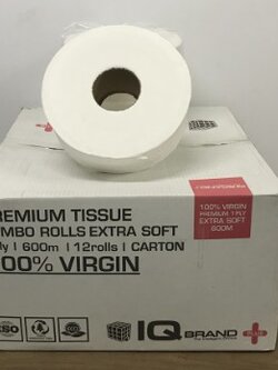 กระดาษชำระม้วนใหญ่ (JRT) เยื่อกระดาษบริสุทธิ์ 100% ไม่มีลาย หนา 1 ชั้น ยาว 600 เมตร ยี่ห้อ IQ BRAND