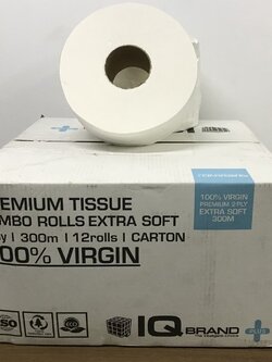 กระดาษชำระม้วนใหญ่ (JRT) เยื่อกระดาษบริสุทธิ์ 100% ไม่มีลาย หนา 2 ชั้น ยาว 300 เมตร ยี่ห้อ IQ BRAND