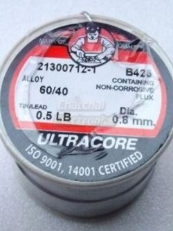 ตะกั่วบัดกรีเส้นผ่าศูนย์กลาง 0.8 มม. 0.5 ปอนด์ ยี่ห้อ Ultracore