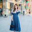 Maxi Dress ยีนส์ตารางแขนตุ๊กตาคอบัวแต่งระบายลูกไม้และปักดอกฉ่ำมากๆ