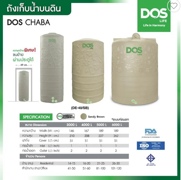DOS ถังเก็บน้ำ 5000 ลิตร สี SANDY BROWN รุ่น CHABA image 3 DOS ถังเก็บน้ำ 5000 ลิตร สี SANDY BROWN รุ่น CHABA image 3