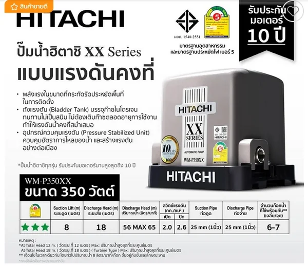 HITACHI ปั๊มอัตโนมัติ 350 วัตต์ รุ่น WM-P350XX image 2 HITACHI ปั๊มอัตโนมัติ 350 วัตต์ รุ่น WM-P350XX image 2