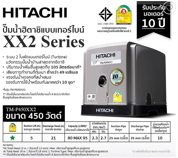 HITACHI ปั๊มอัตโนมัติ 450 วัตต์ รุ่น TM-P450XX2 image 3 HITACHI ปั๊มอัตโนมัติ 450 วัตต์ รุ่น TM-P450XX2 image 3